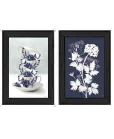 "Tea Towers with Flowers-Blue Vignette is by Artisan House Fenway, Ready to Hang Framed Print, Black Frame