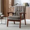 Mid Century Single Armchair Sofa Accent Chair Retro Modern Solid Wood Armrest Accent Chair, Fabric Upholstered Wooden Lounge Chair Khaki